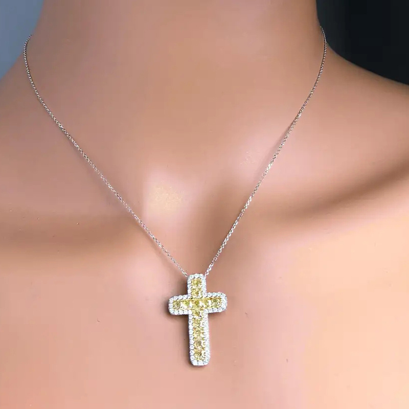 Luxury Baguette Cut Yellow Zirconia Cross Pendant Necklace